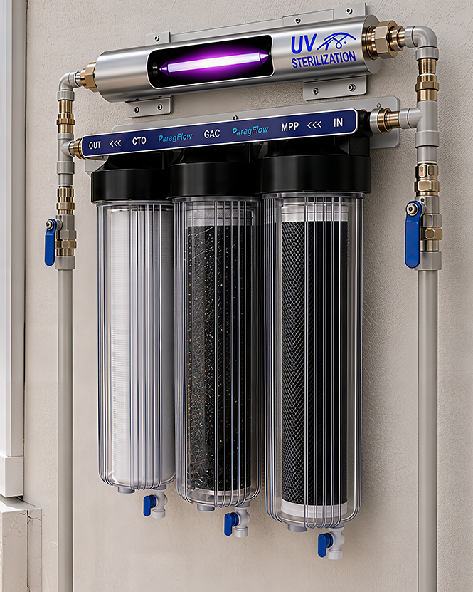 The 3-stage purification system with UV installed on the exterior wall of a home: three blue filter housings on a wall-mounted manifold feeding a stainless ultraviolet chamber, plumbed into the incoming main line.