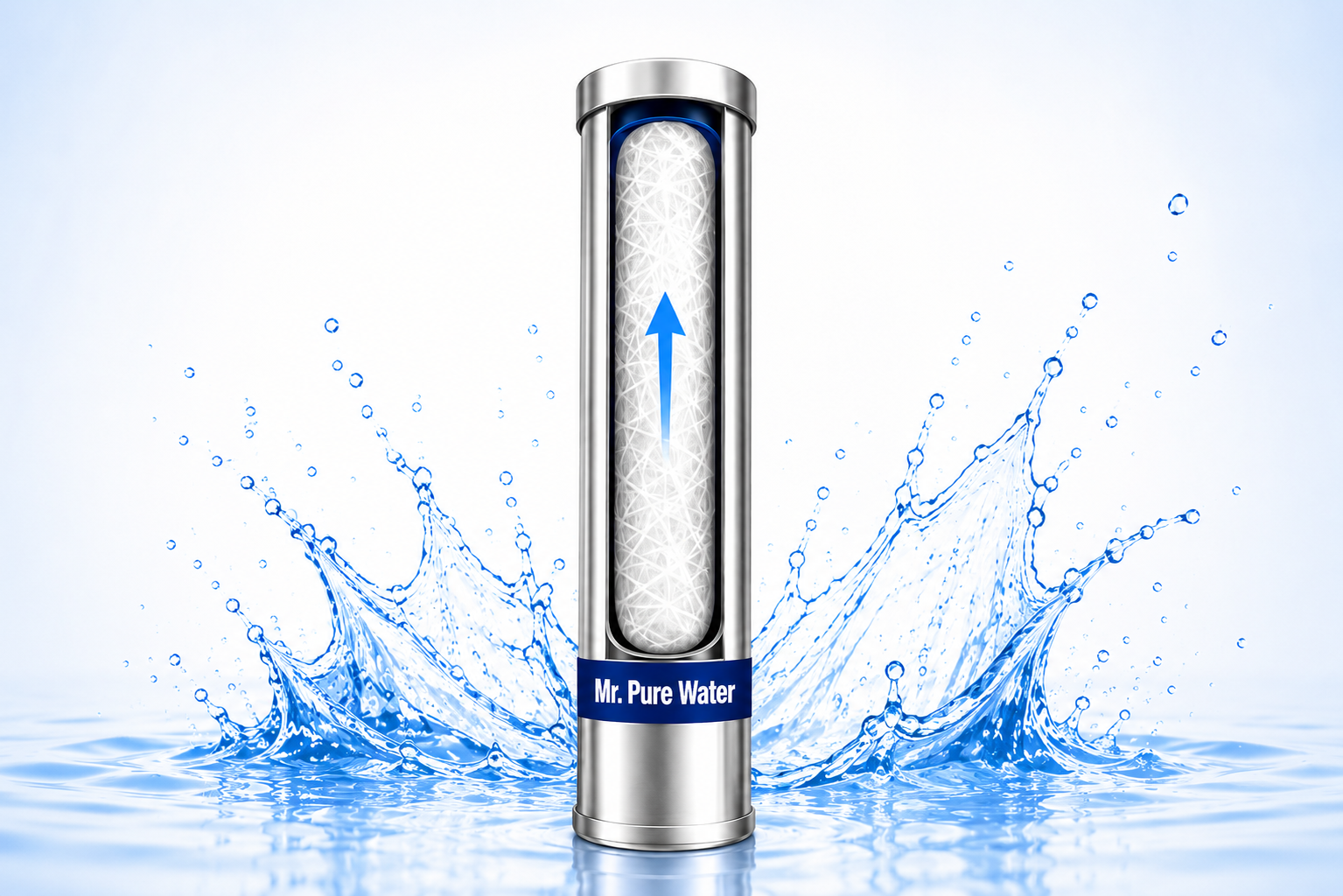 The 3-stage purification system with UV: three clear housings on a wall-mounted manifold feeding a stainless ultraviolet chamber, with water entering at the MPP sediment stage and leaving sterilized.