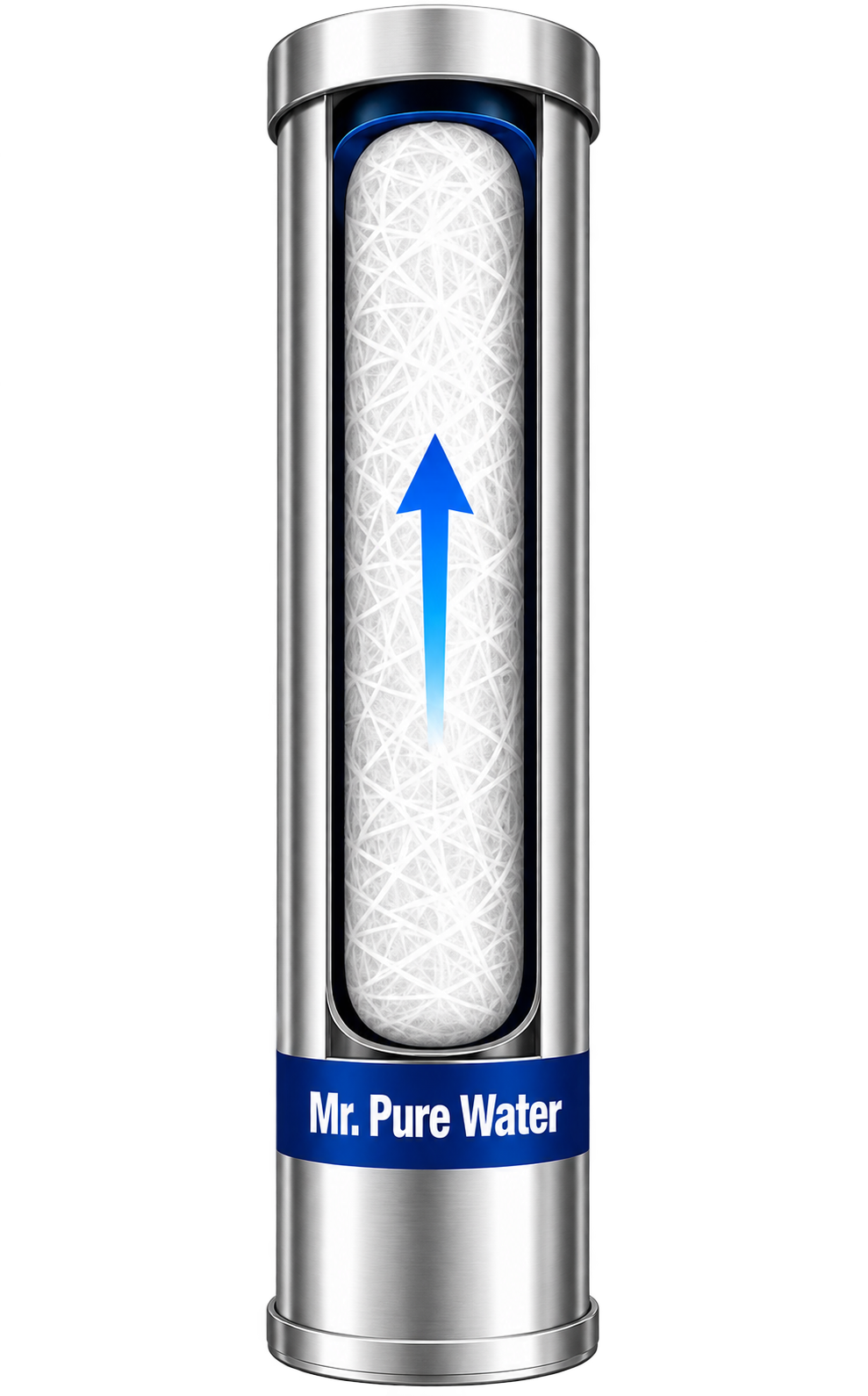 Cutaway of the stainless steel UV chamber: filtered water enters one end, passes the full length of the UV-C lamp, and exits sterilized at the other end.