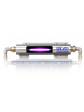 X-ray view of the stainless UV chamber, showing the UV-C lamp in its quartz sleeve running the full length of the chamber.