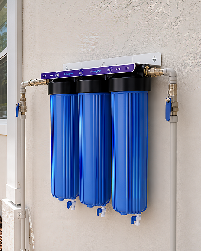 The 3-stage whole-house purification system installed on the exterior wall of a home: three blue filter housings on a wall-mounted manifold, plumbed into the incoming main line.