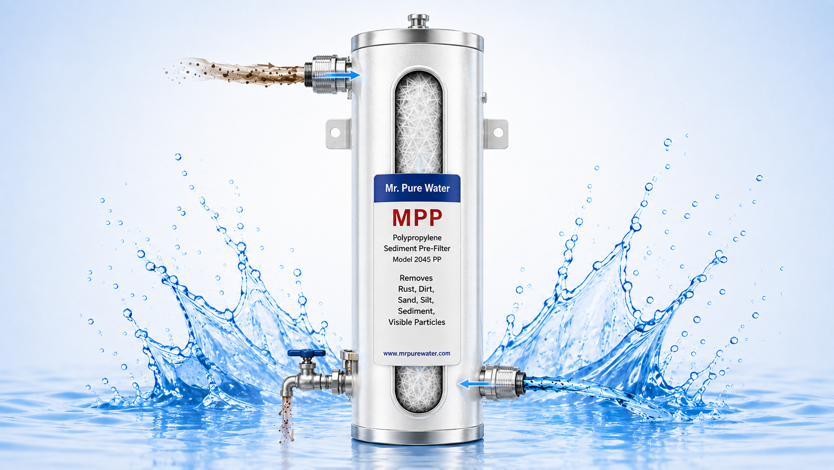 The 3-stage whole-home purification system: three clear housings on a wall-mounted manifold with copper piping, water entering at the MPP sediment stage, passing through GAC granular carbon and the CTO carbon block, and leaving as clean water.
