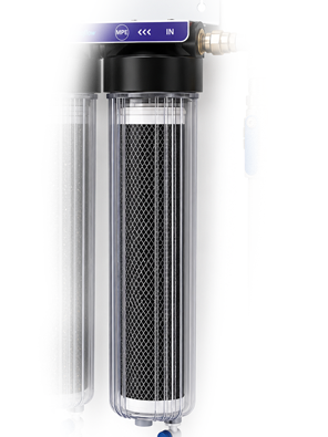 X-ray view of the second blue housing, showing the bed of loose granular activated carbon inside.