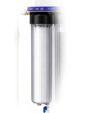 X-ray view of the first blue housing, showing the depth-wound polypropylene sediment cartridge inside.