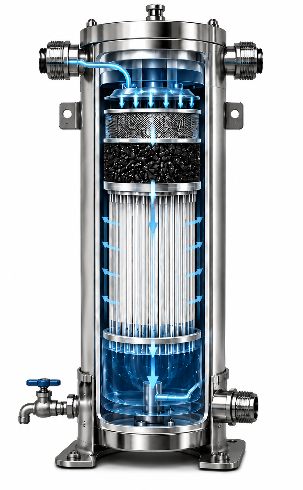 Cutaway illustration of the ultrafiltration vessel: raw water enters the inlet manifold, passes a sediment pre-screen and carbon media, then a bundle of hollow fibers, with purified water collecting in a chamber and leaving through the outlet.