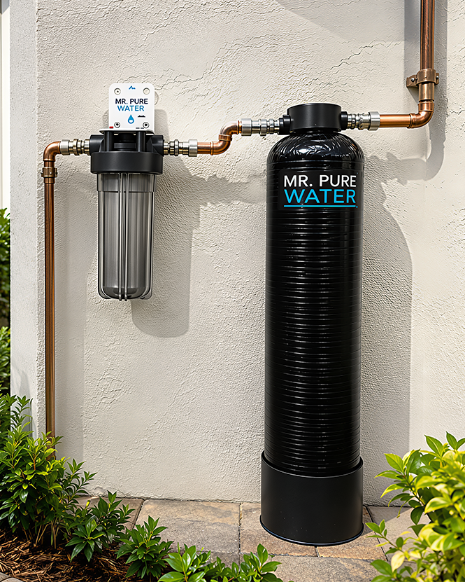 The salt-free water softener installed against the exterior wall of a home, plumbed into the incoming main line with no brine tank and no power connection.