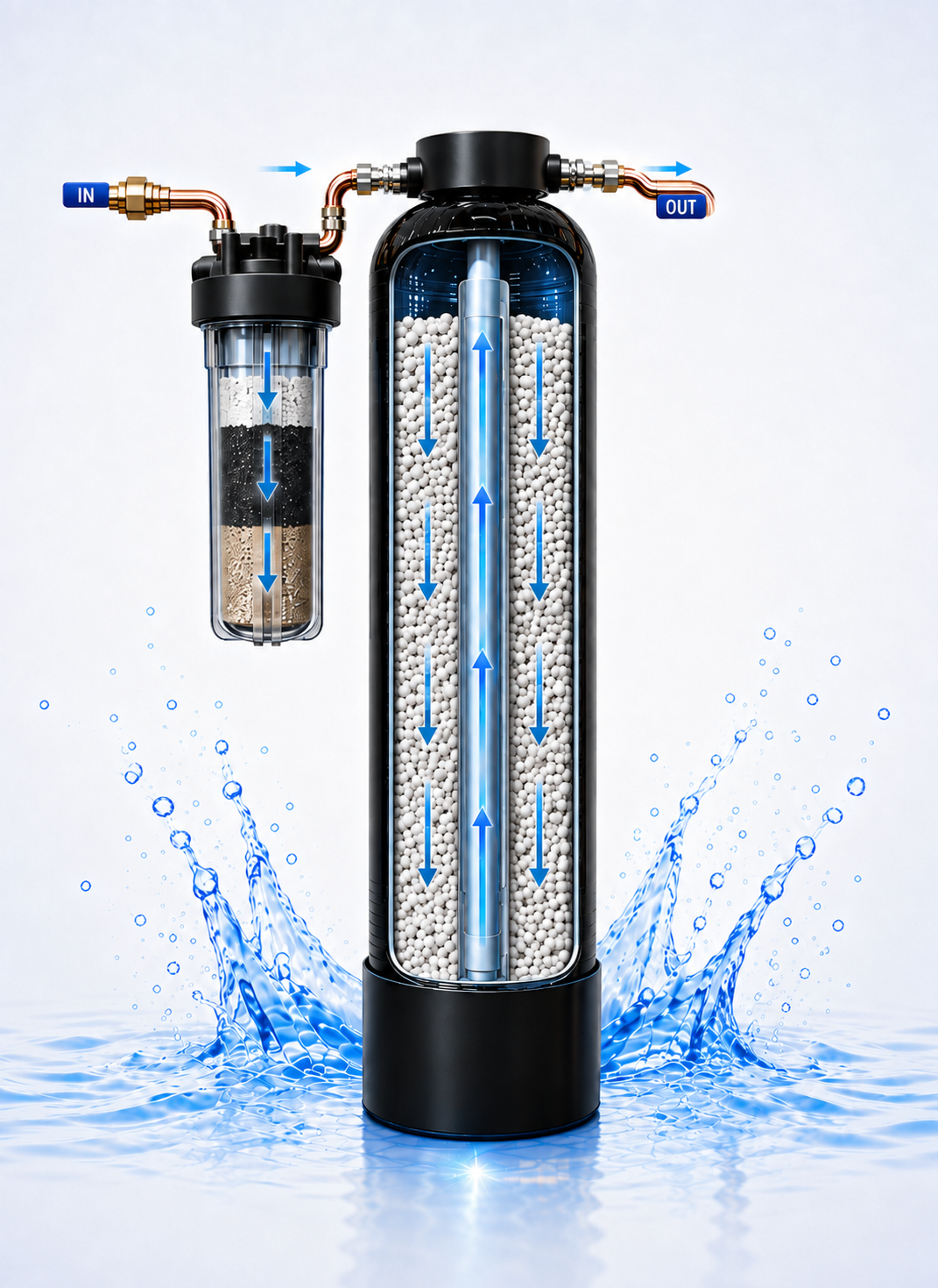 X-ray view of the salt-free water softener showing the internal structure: the triple purpose pre-filter at the inlet, the catalytic media bed through the body of the tank, and the conditioner stage before the outlet.