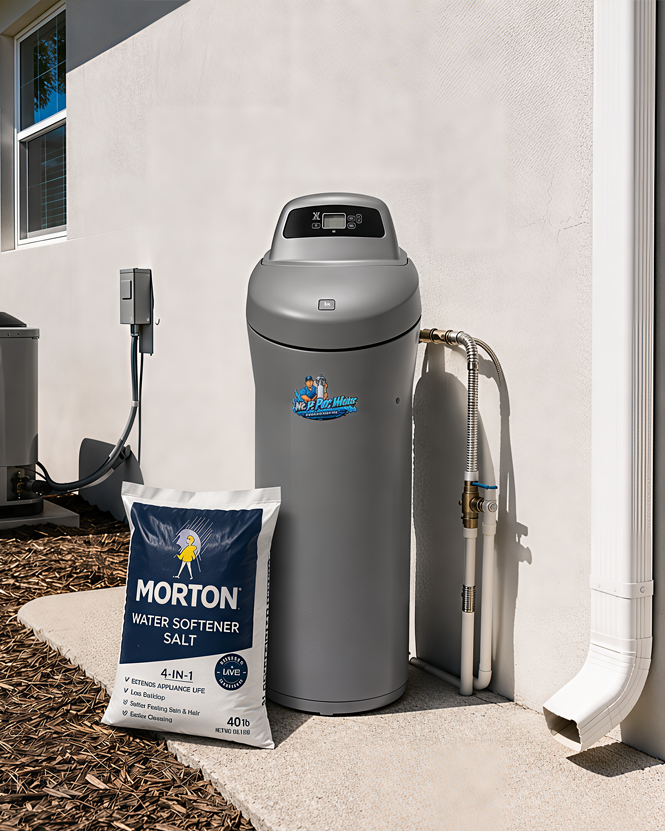 The whole-house water softener installed against the exterior wall of a home: resin tank and brine cabinet plumbed into the incoming main line.