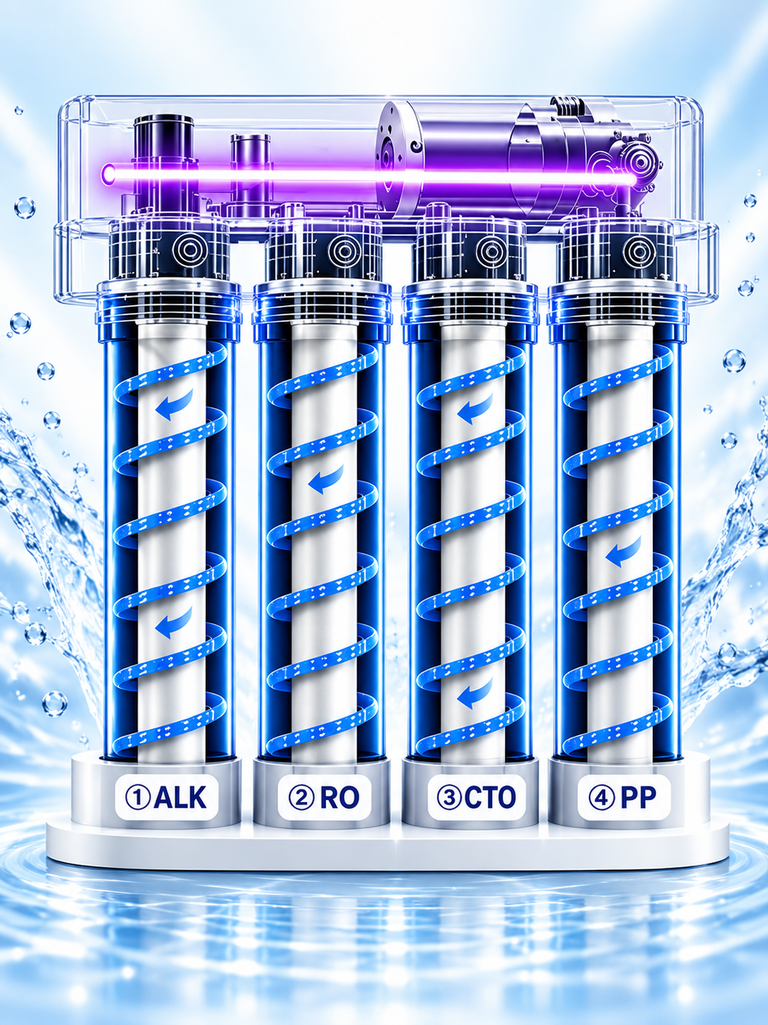 Cutaway of the under-sink reverse osmosis unit, showing the four twist cartridges and the UV chamber inside the housing.