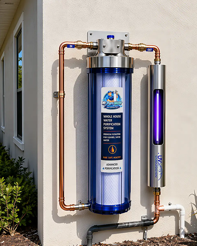 The single-stage purification system with UV sterilization installed on the exterior wall of a home: one filter housing and a stainless UV chamber plumbed into the incoming main line.