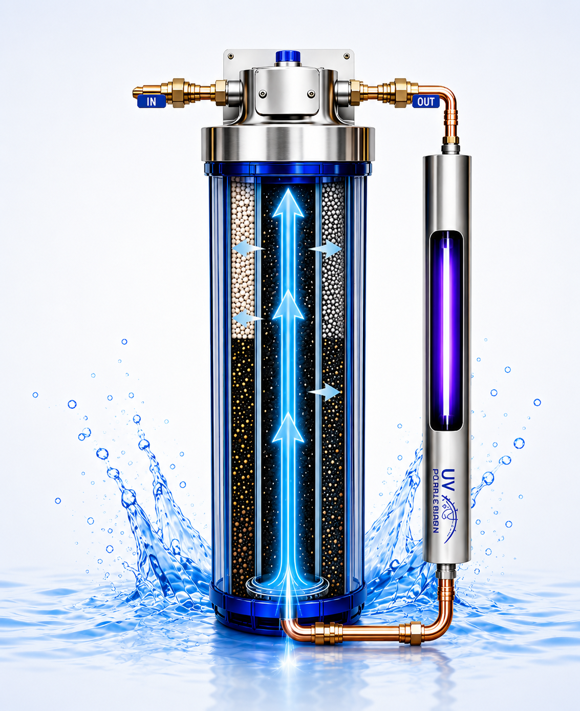 Cutaway of the stainless steel UV chamber: water enters one end, passes the full length of the UV-C lamp, and exits sterilized at the other end.